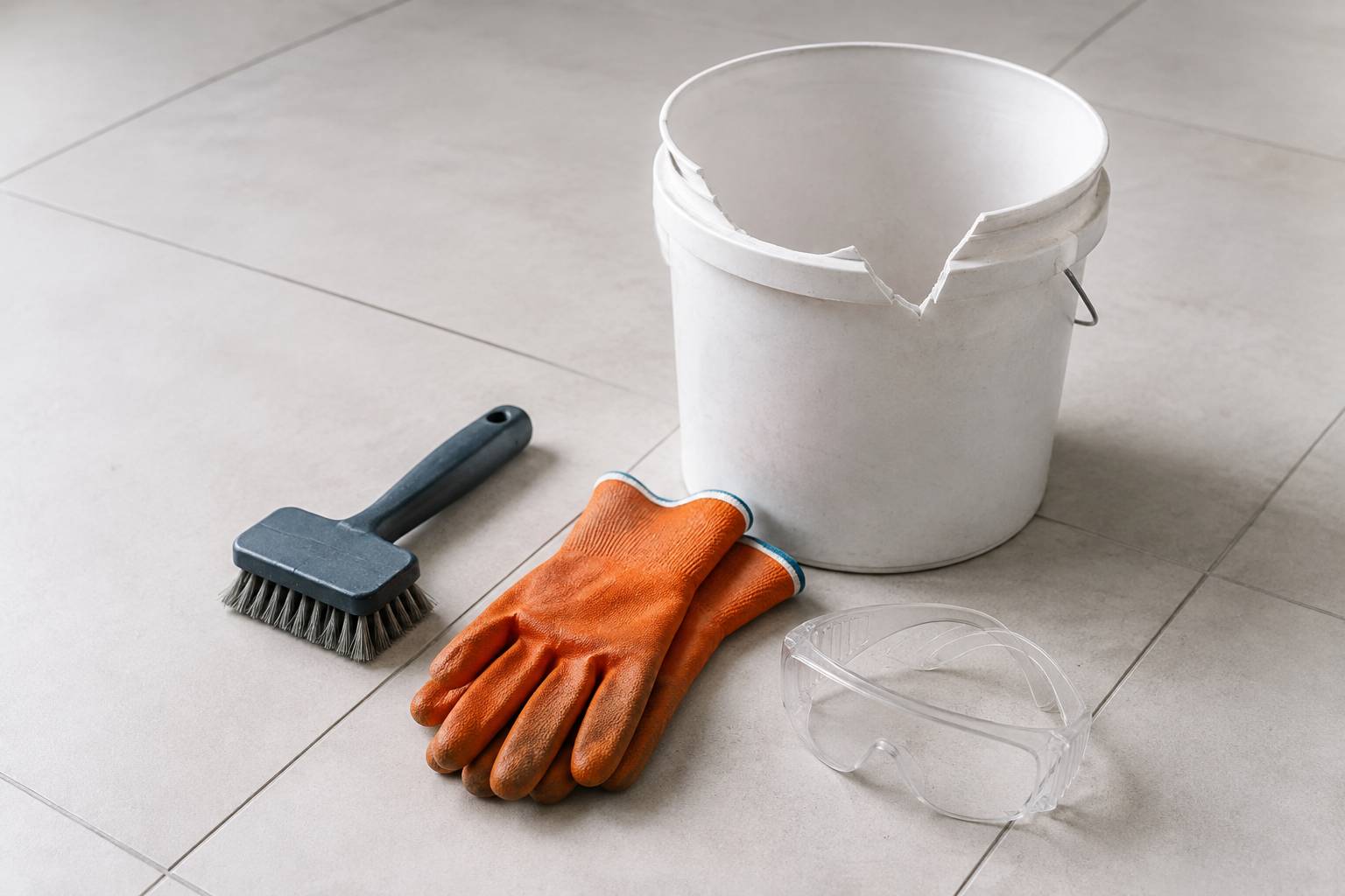 Gants, lunettes de protection et brosse posés sur un sol carrelé