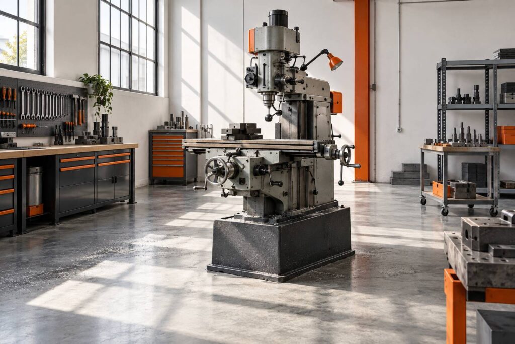 Fraiseuse sur socle en fonte dans un atelier mecanique propre