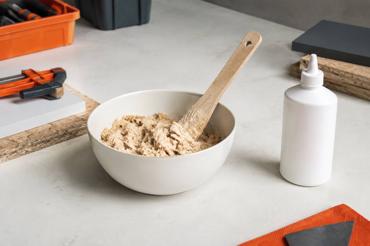 Bol de mélange sciure et colle vinylique avec spatule en bois sur un plan de travail d'atelier