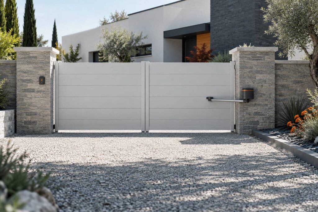 Portail battant en aluminium clair avec motorisation à bras
