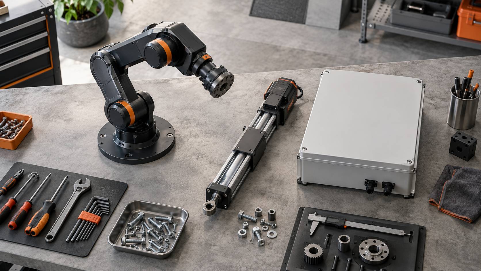 Kits de motorisation et outillage posés sur un établi propre