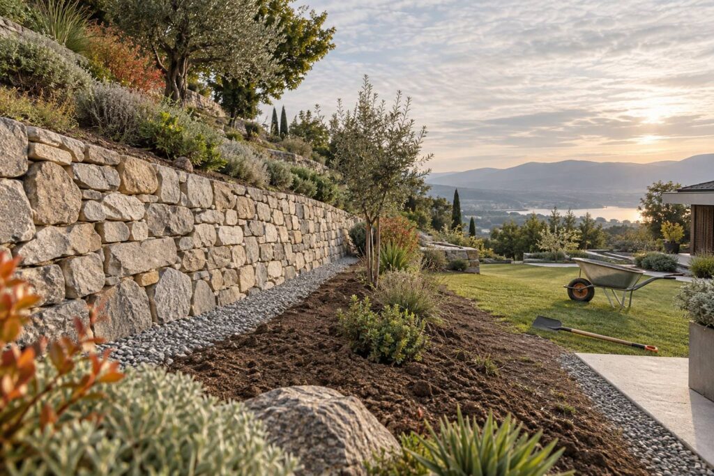 Mur de soutenement en pierres seches le long d'un talus de jardin en pente