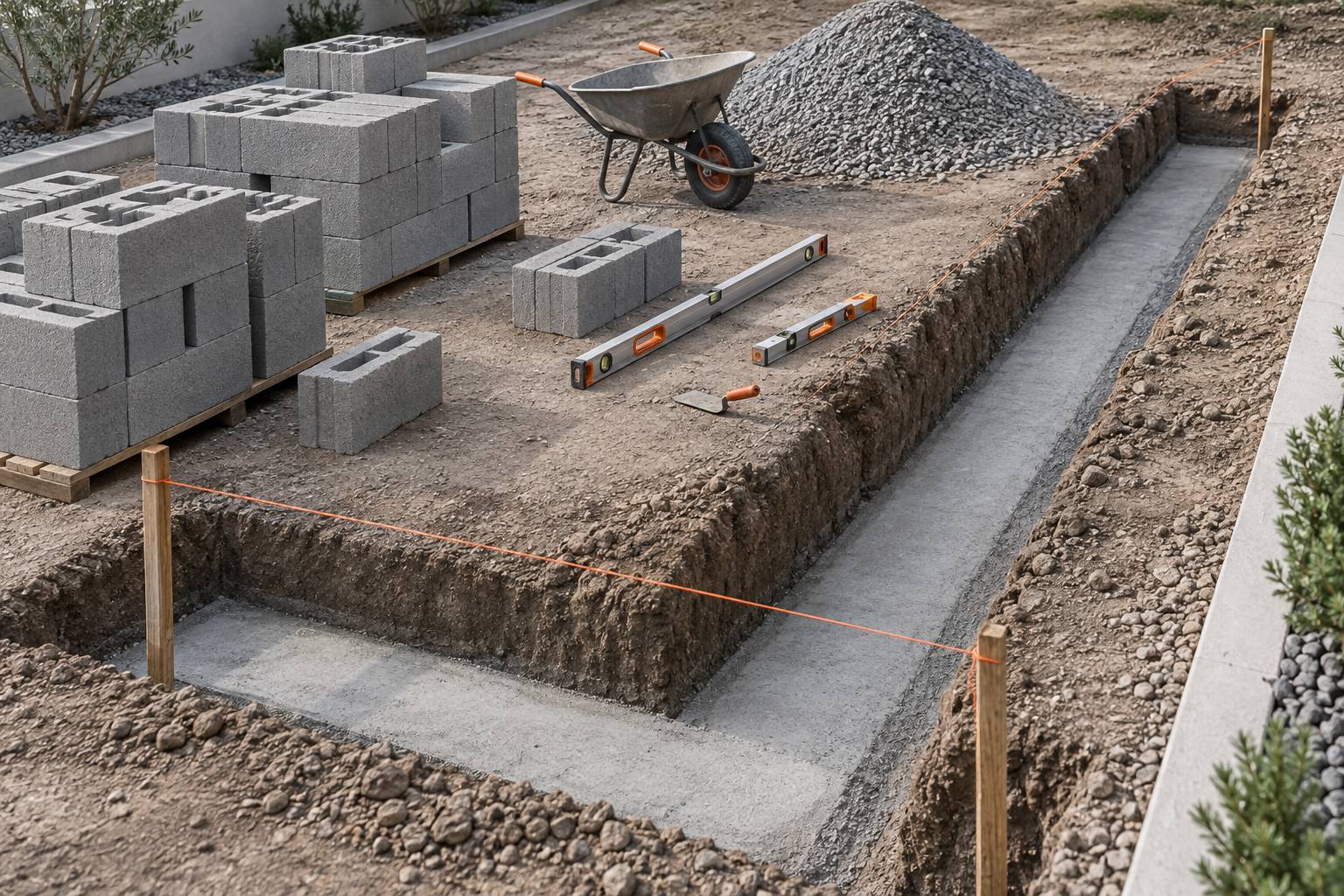 Chantier de mur de soutenement avec blocs empiles et cordeau tendu