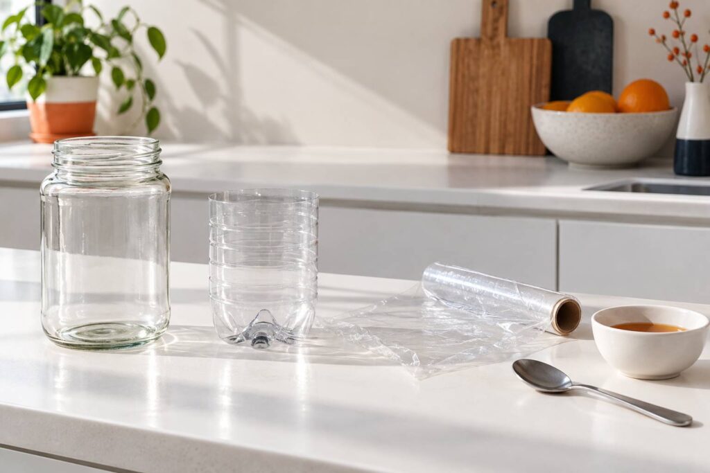 Bocal en verre et bouteille coupee pour fabriquer un piege a mouches