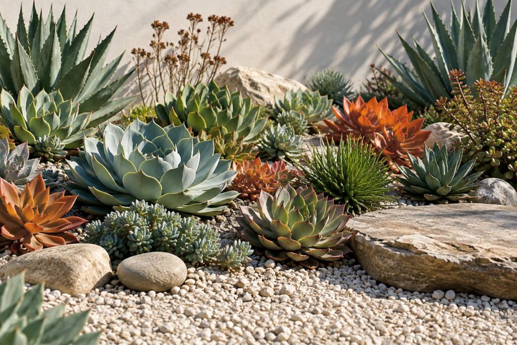 Massif de plantes succulentes charnues sur un sol de gravier clair