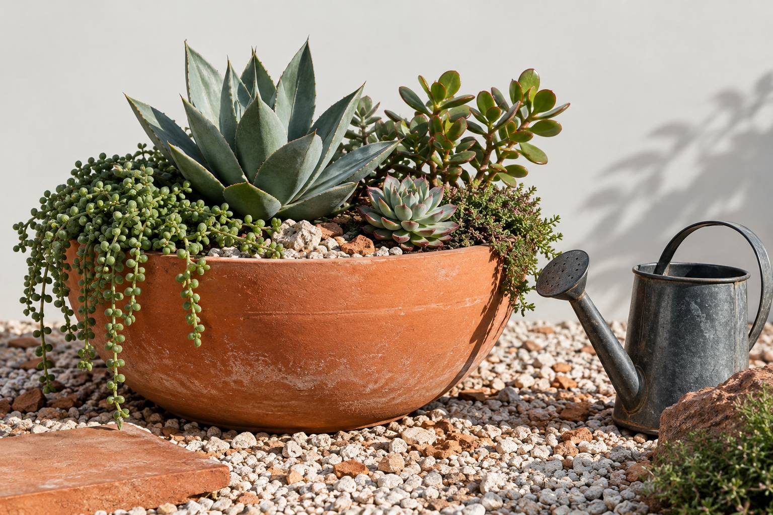 Jardinière en terre cuite avec plantes grasses et petit arrosoir