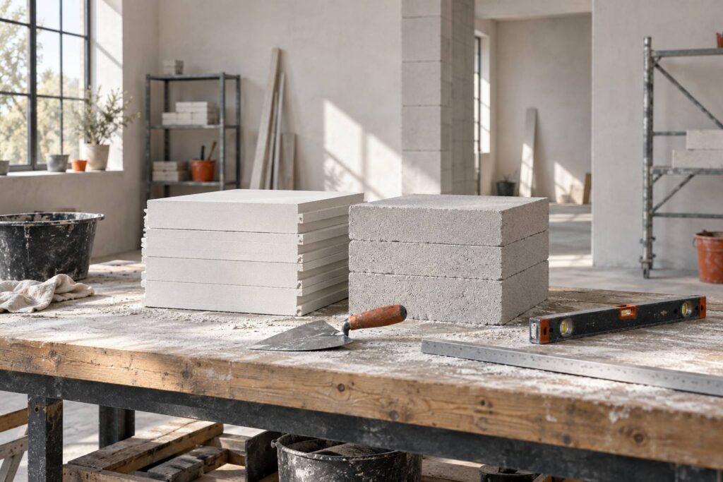 Carreaux de platre et de beton cellulaire cote a cote sur un etabli de chantier