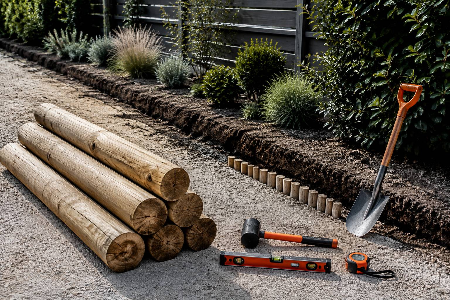 Rondins de bois empilés avec pelle, maillet et niveau pour poser une bordure de jardin