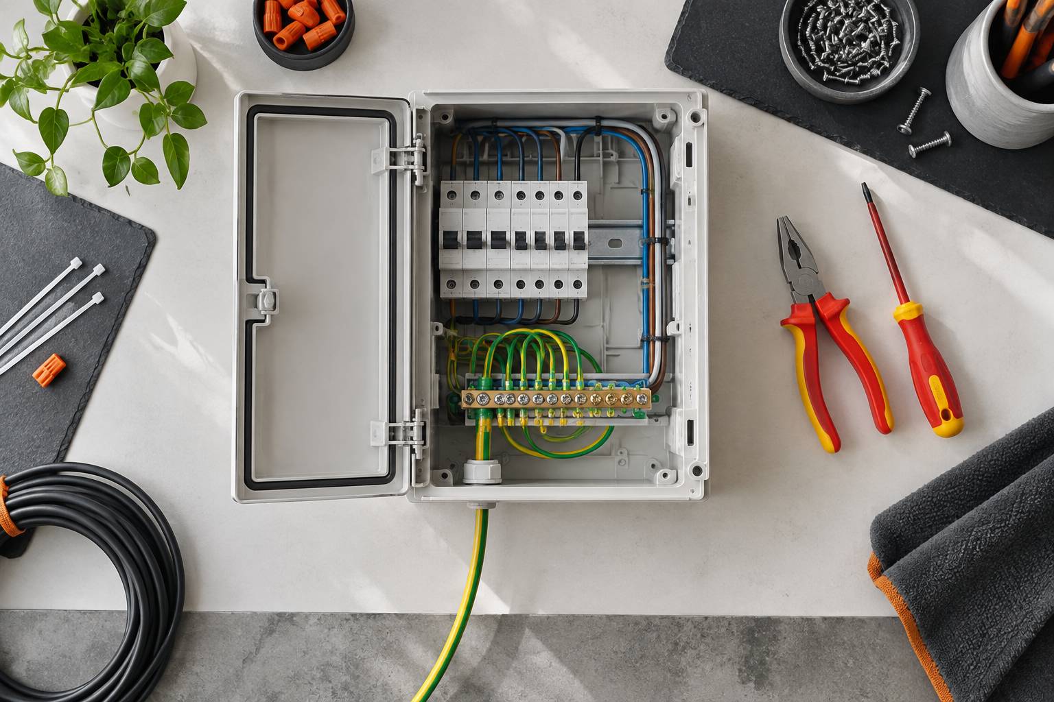 Coffret électrique ouvert avec bornier de terre et câble vert-jaune