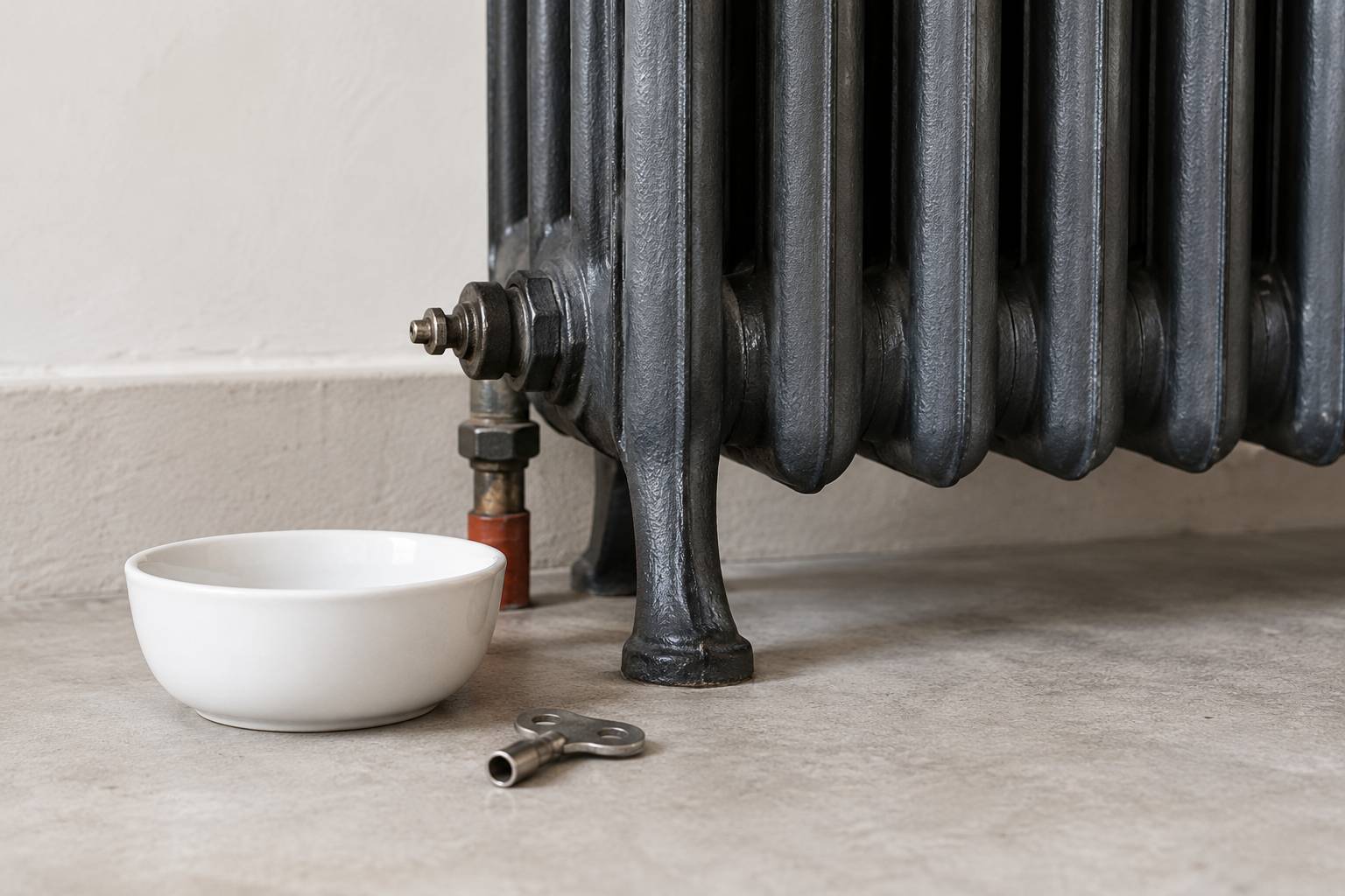 Bas d'un radiateur en fonte aux nervures apparentes avec cle de purge