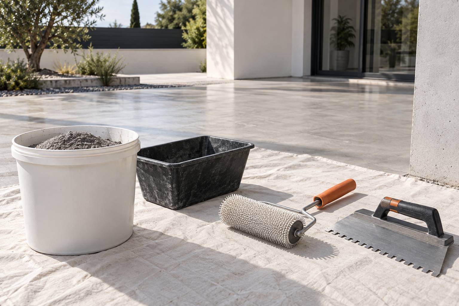 Seau de ragreage et outils de preparation alignes sur une bache