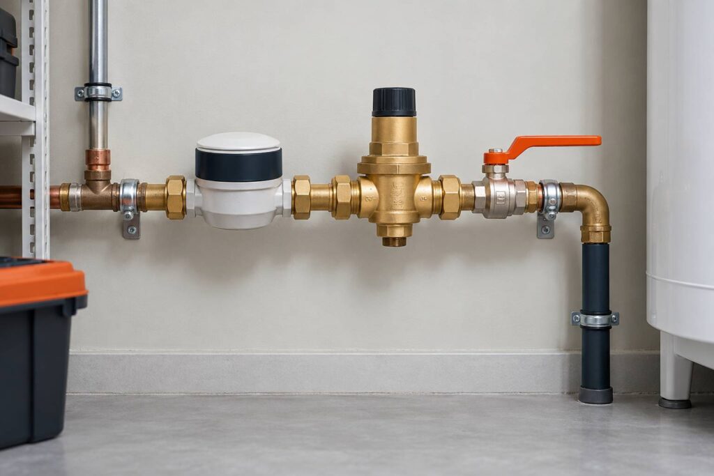 Reducteur de pression en laiton monte sur une canalisation d'eau