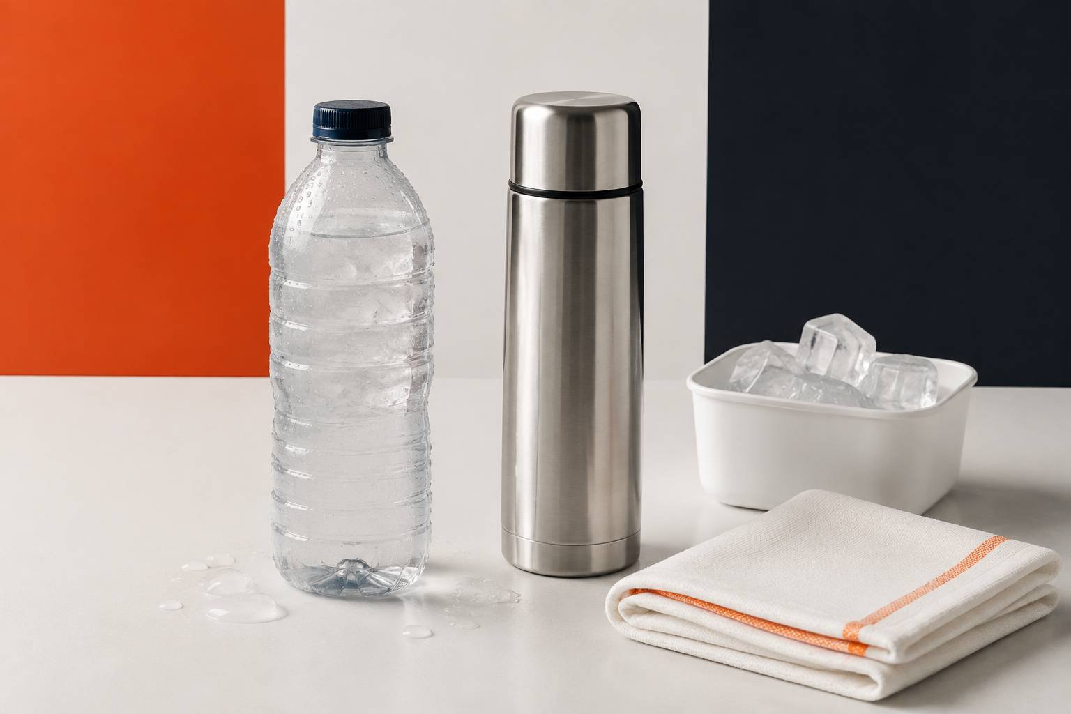 Bouteille d'eau, glaçons et thermos pour garder une boisson fraîche sans glacière