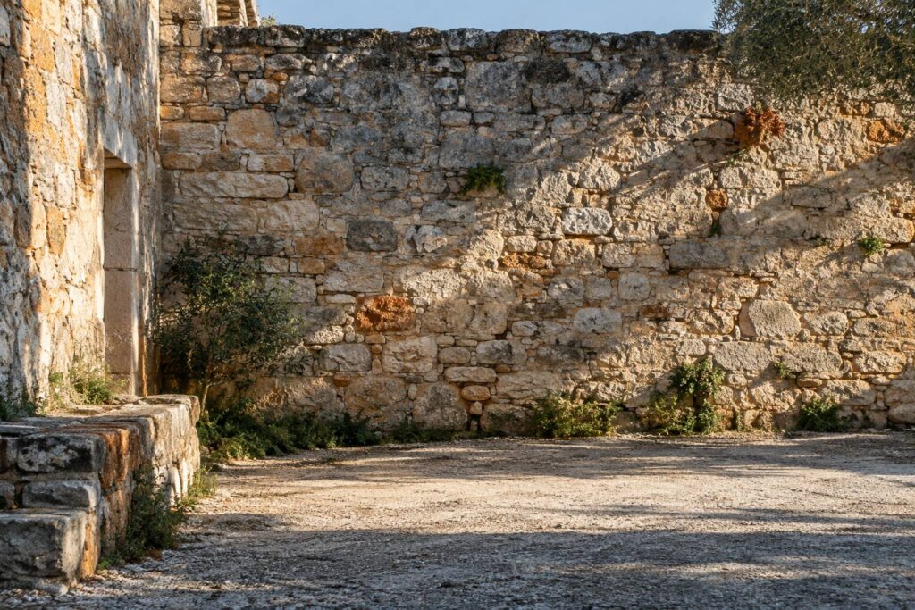 Mur en pierre apparente ancien éclairé par une lumière rasante dans une cour
