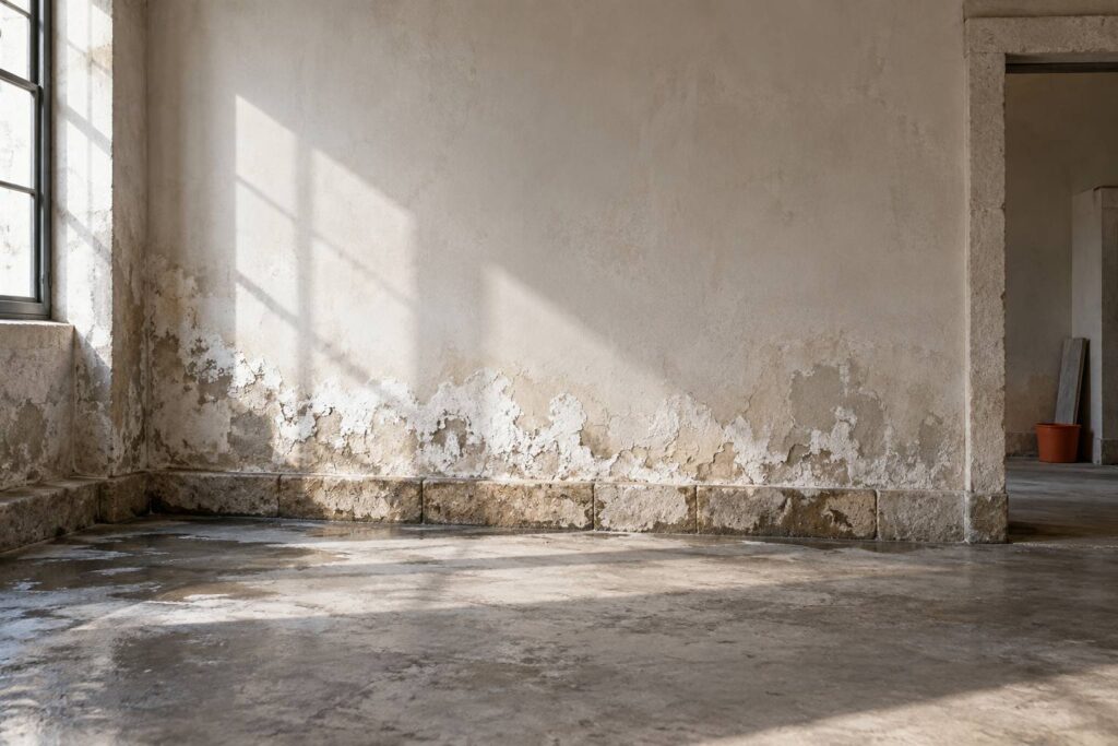 Mur ancien avec traces blanches d'humidite au-dessus de la plinthe