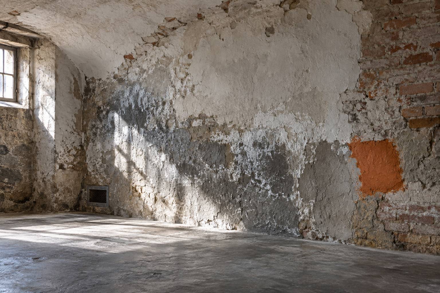 Mur de cave poreux avec depot mineral blanchatre et brique apparente