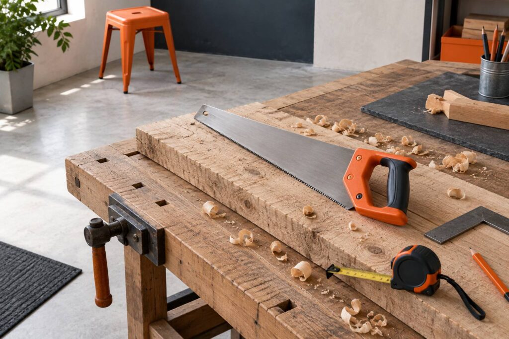 Scie égoïne générique posée sur une planche de bois dans un atelier