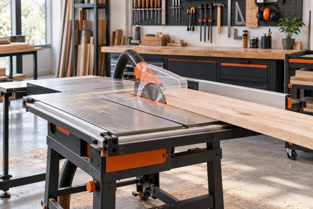 Vue large d'un atelier de menuiserie : scie circulaire sur table avec lame visible, panneau de bois en cours d