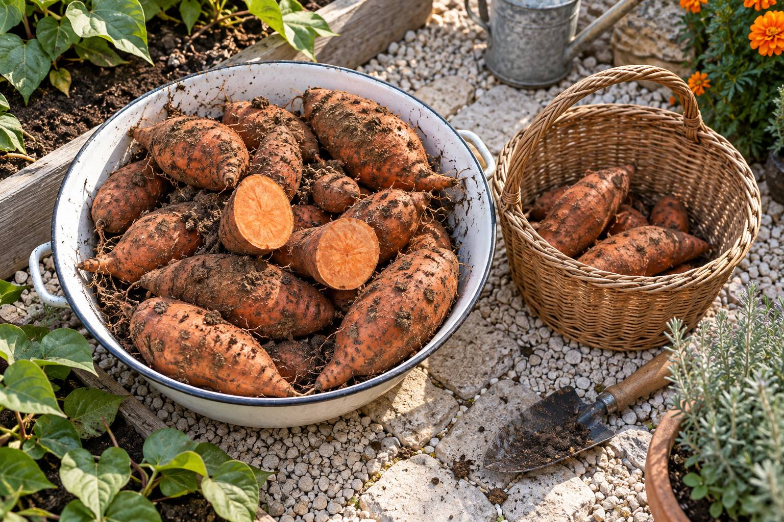 Tubercules fraichement deterres dans une bassine