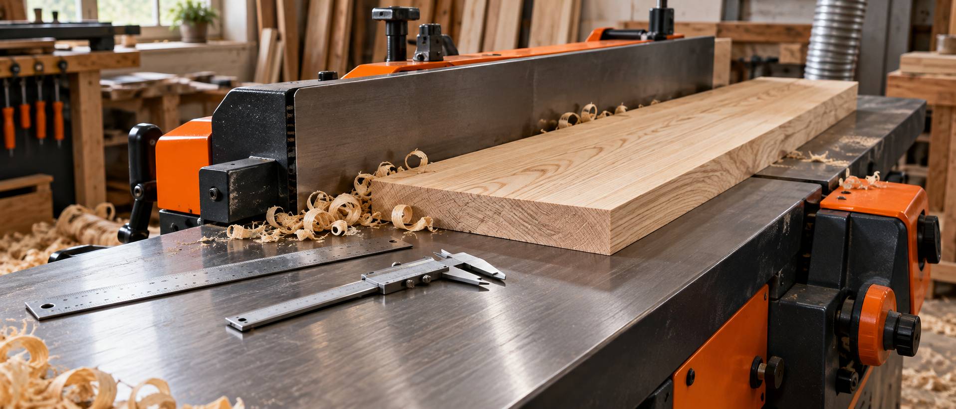 Planche de bois usinée avec copeaux et pied à coulisse sur la machine