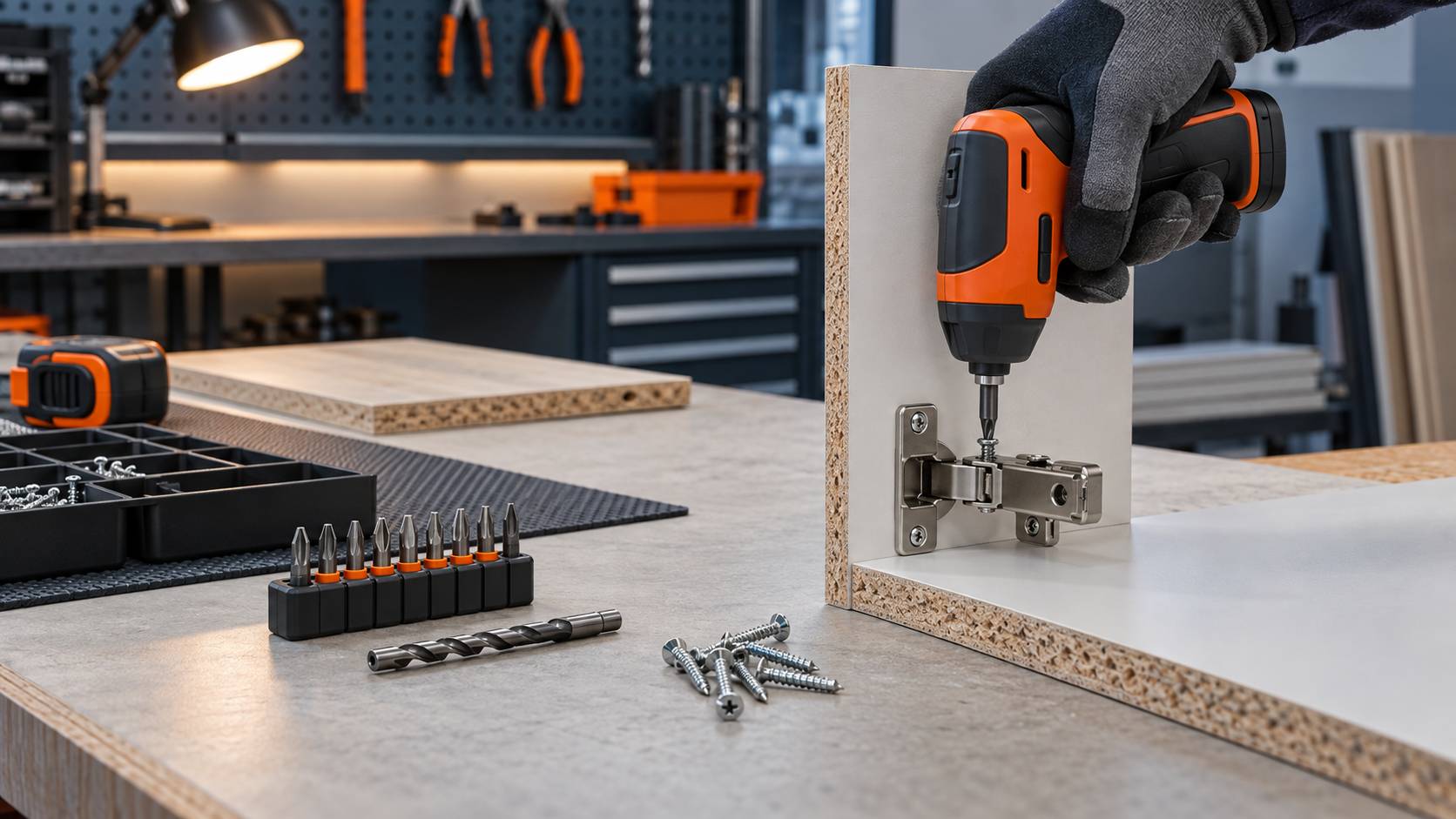 Tournevis électrique compact vissant une charnière de meuble avec embouts sur la table