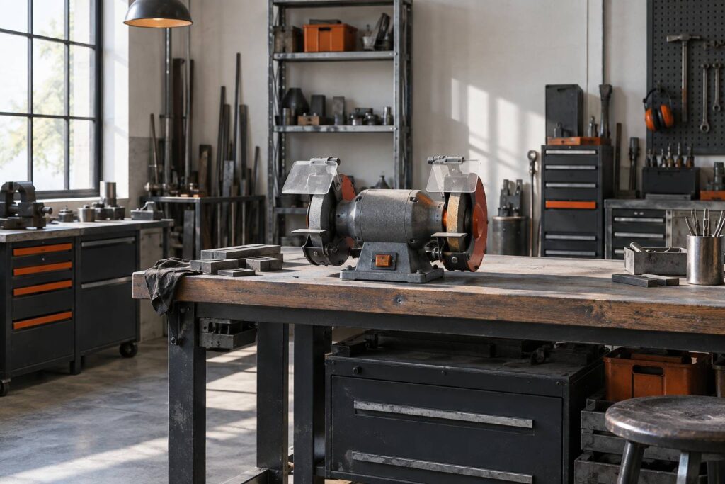 Touret a meuler fixe sur un etabli dans un atelier propre