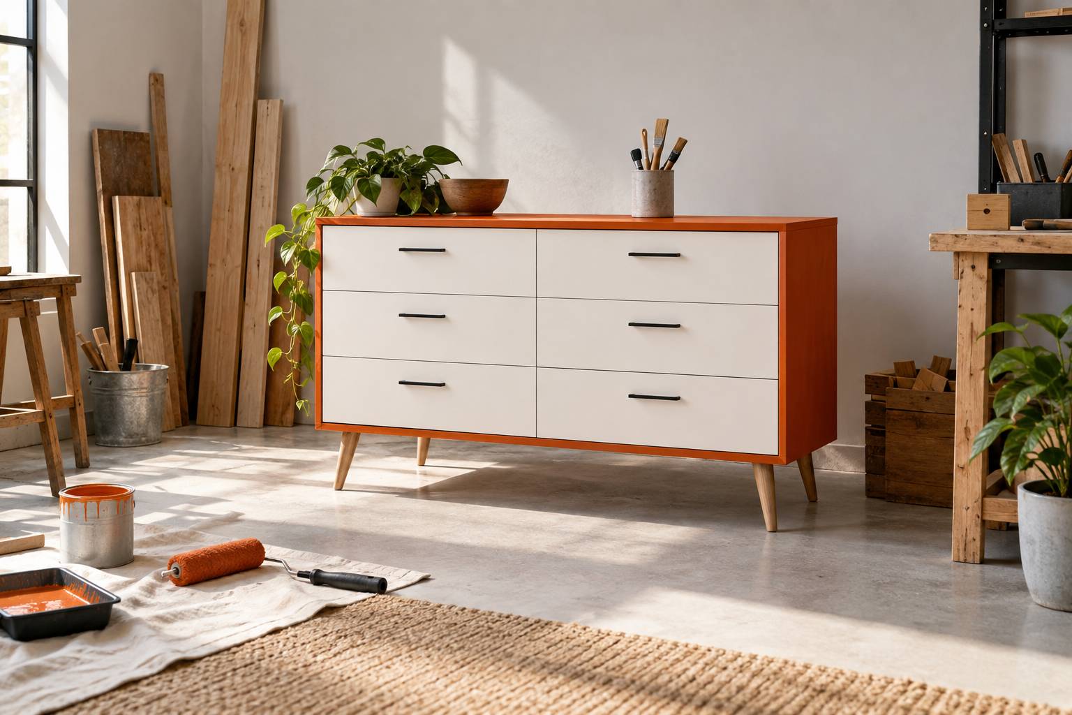 Meuble standard relooké avec pieds surélevés et poignées neuves