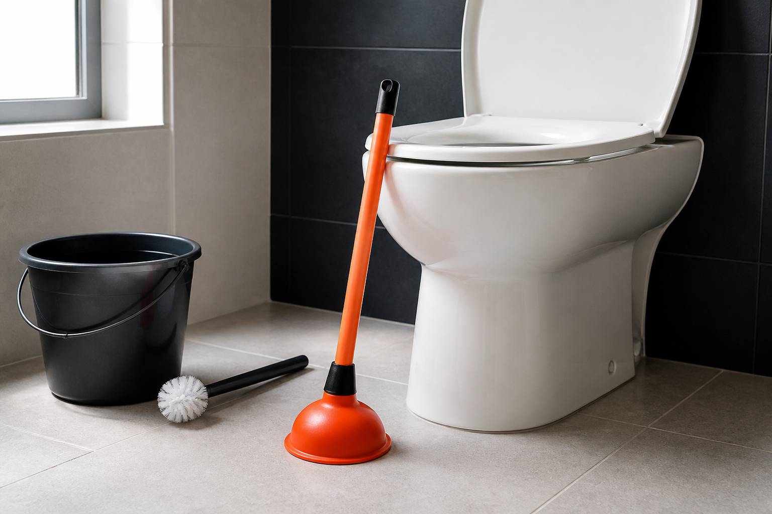 Ventouse à collerette rouge posée contre une cuvette de toilettes blanche dans une salle carrelée