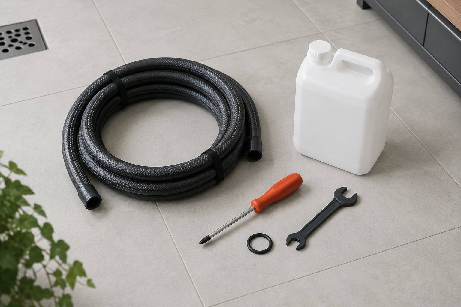 Outils et joint torique pres d'un tuyau enroule sur un sol carrele