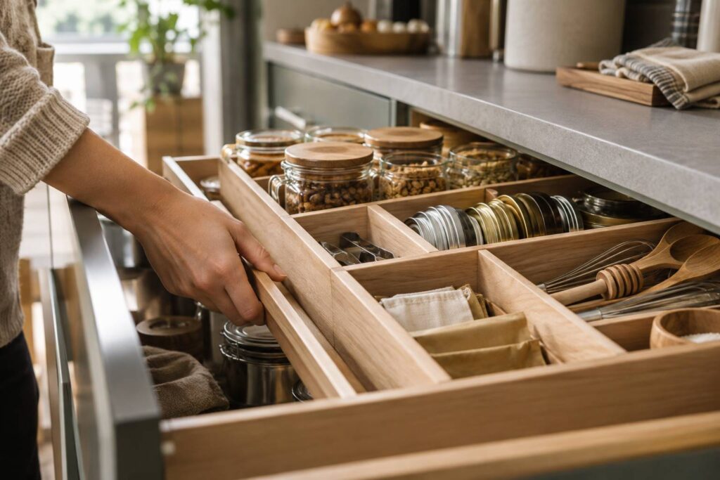 Plan de détail illustrant le sujet de l'article : Astuces ingénieuses pour optimiser le rangement de votre cuisine