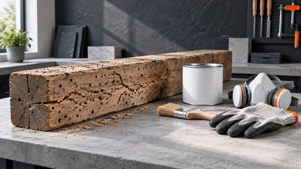Poutre en bois avec galeries d'insectes et produits de traitement posés à côté