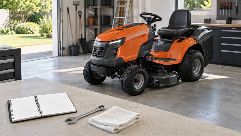 Tondeuse autoportée générique dans un atelier de jardin avec carnet d'entretien