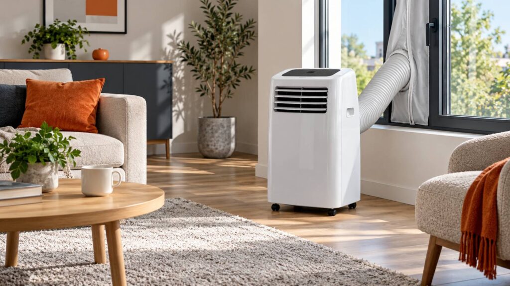 Climatiseur monobloc mobile blanc installé dans un salon lumineux près d'une fenêtre ouverte