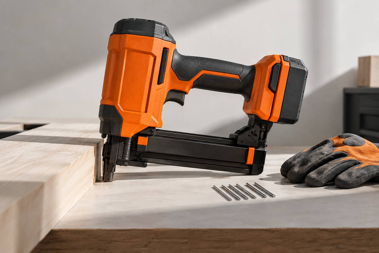 Cloueuse electrique pres d'une planche et de pointes alignees