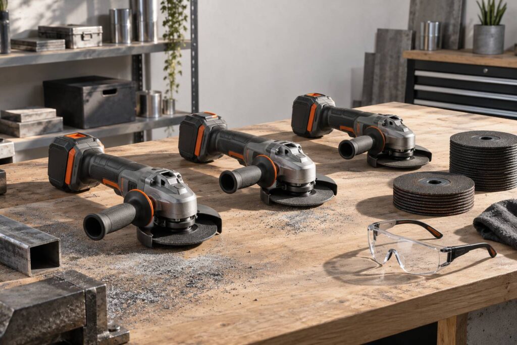 Meuleuses d'angle sans fil alignees sur un etabli d'atelier
