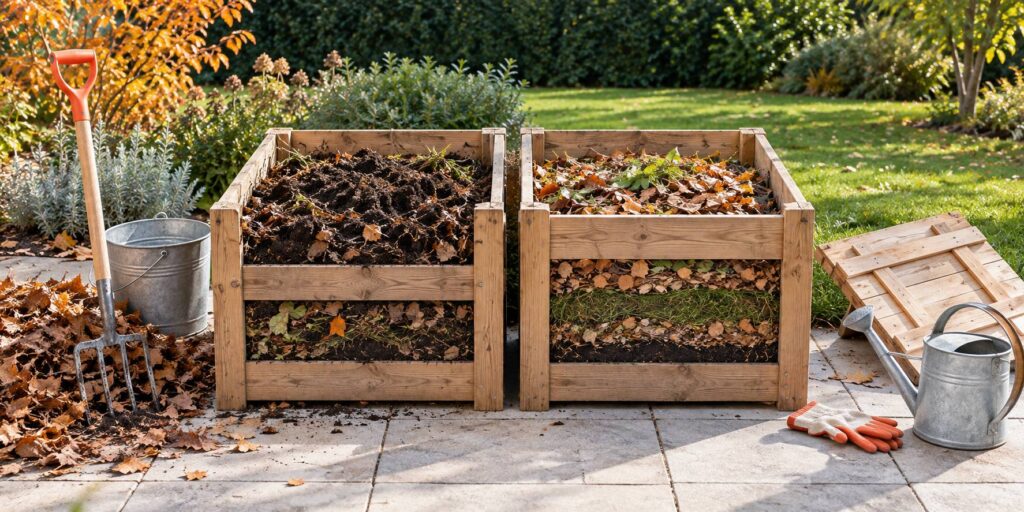 Deux bacs a compost en bois remplis de couches de dechets verts et de terreau dans un jardin