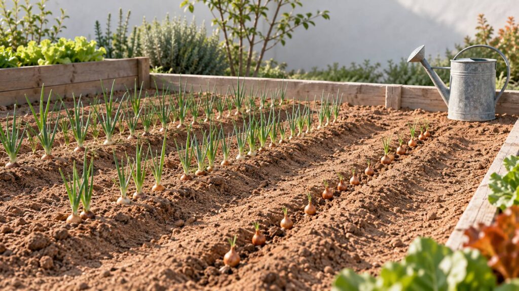 Rangs de jeunes oignons dans un potager familial au sol clair et drainant