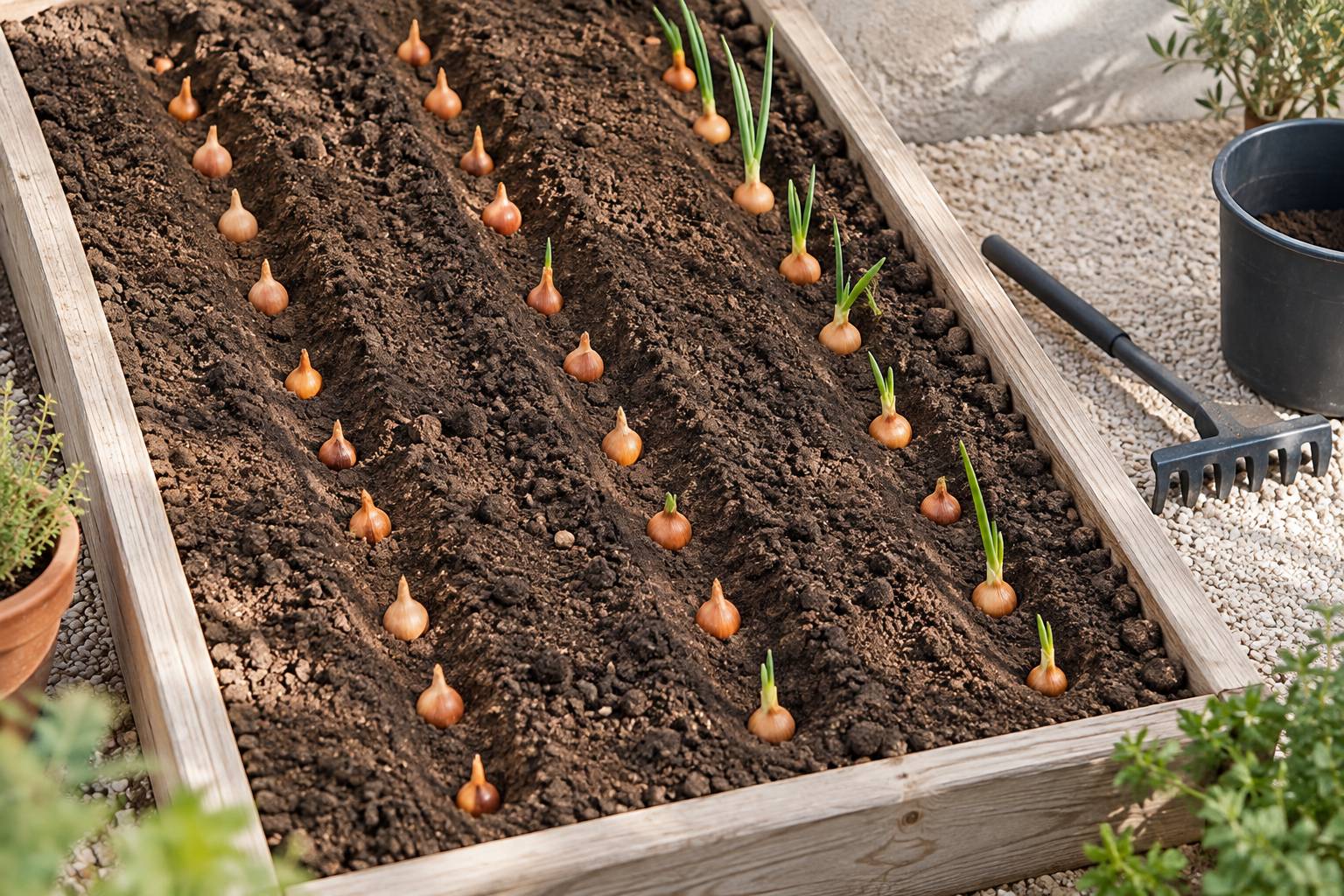Bulbilles d'oignons plantes pointe vers le haut dans une planche de potager