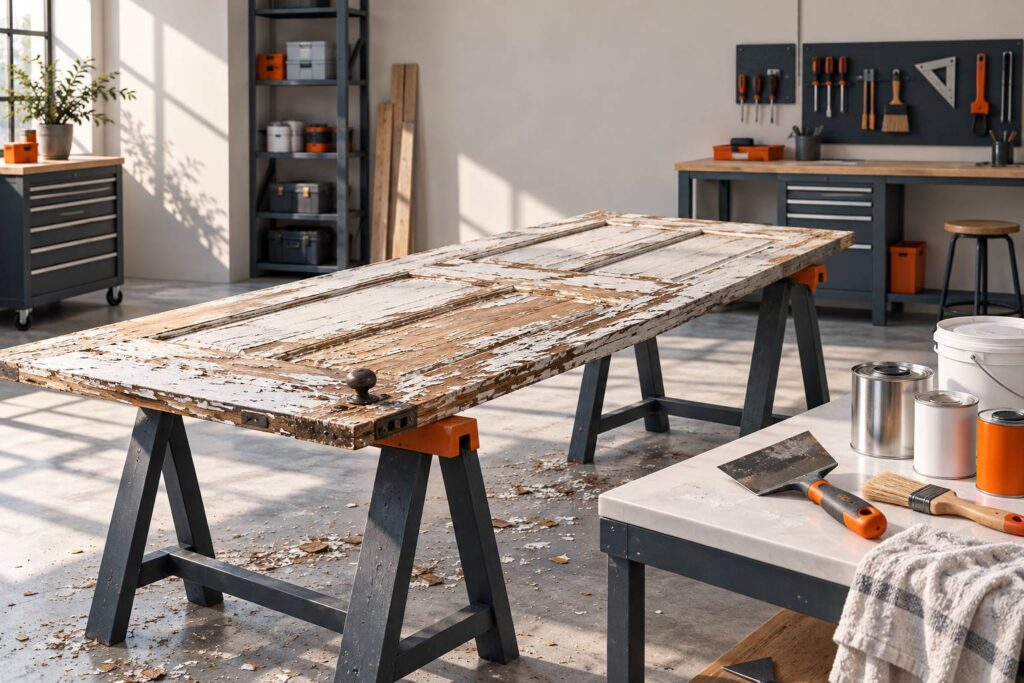 Porte ancienne en bois sur treteaux avec peinture ecaillee dans un atelier de menuiserie