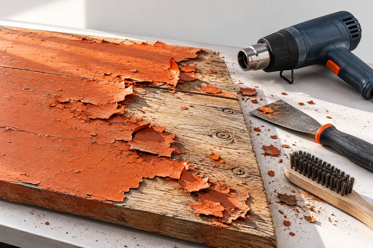 Panneau de bois en cours de decapage avec decapeur thermique et racloir
