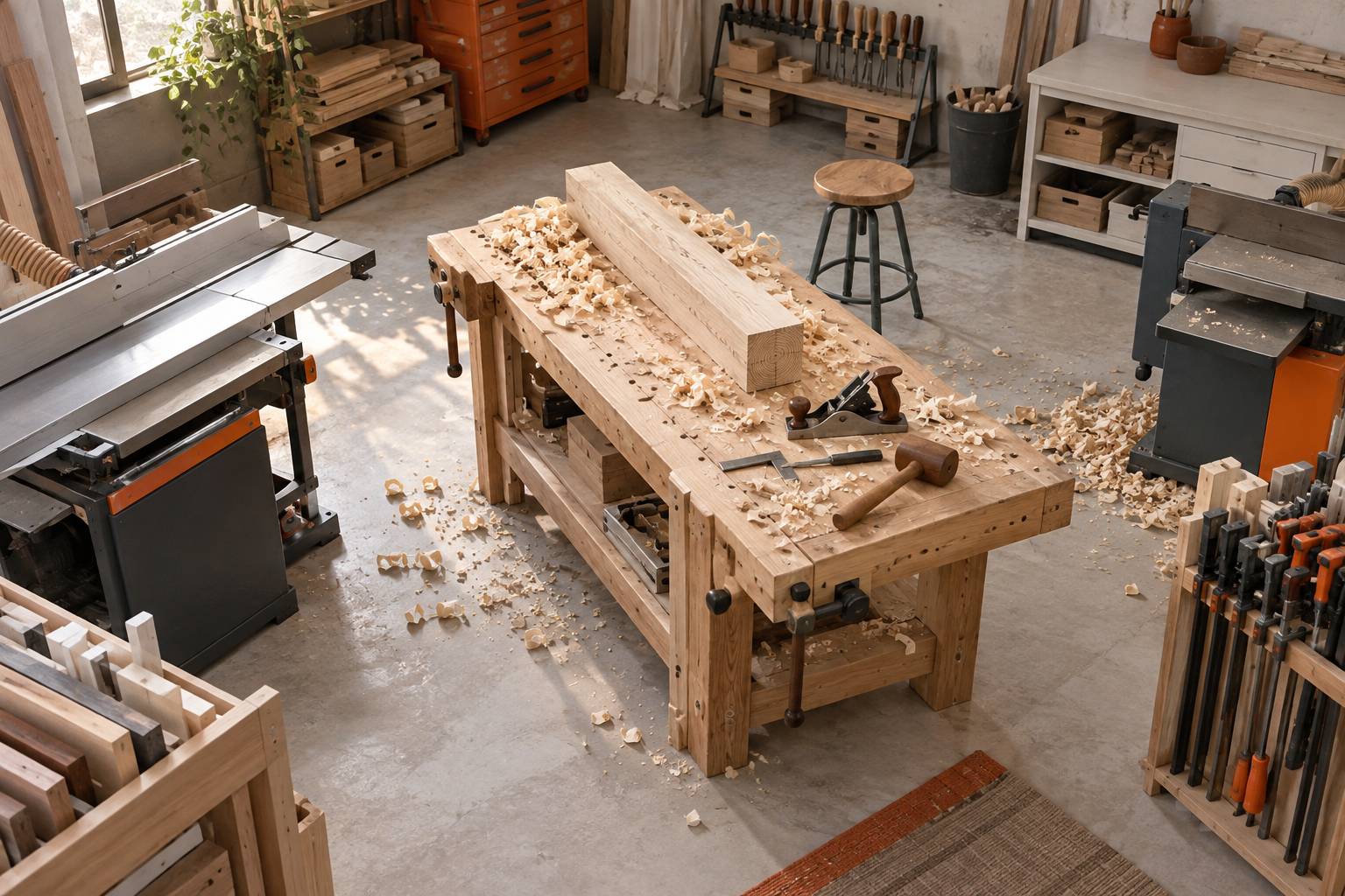Piece de bois equarrie sur un etabli d'atelier