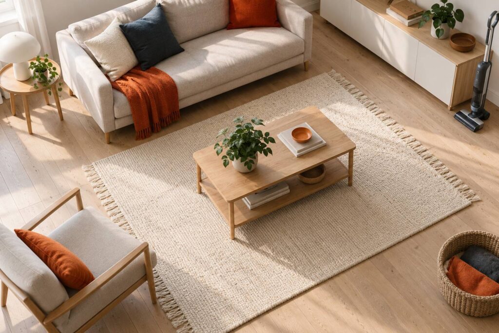 Salon sobre avec tapis, plinthes et aspirateur contre les puces de parquet