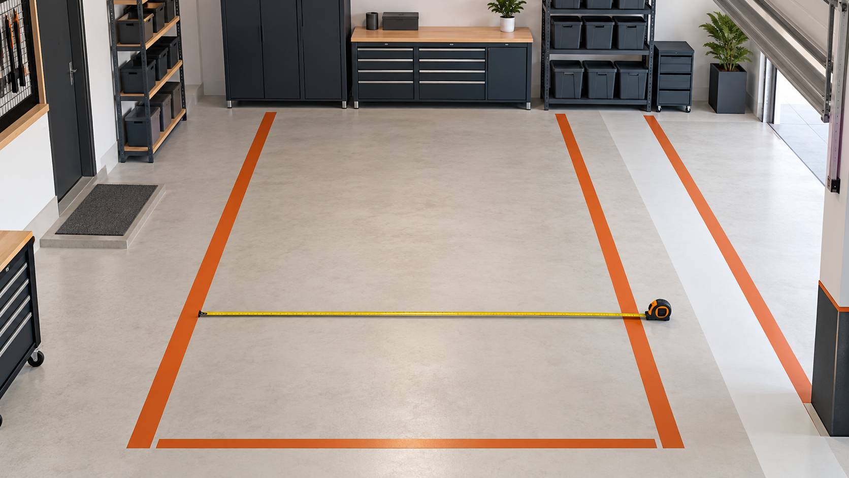 Plan de garage avec emplacement balise, ruban a mesurer et etageres