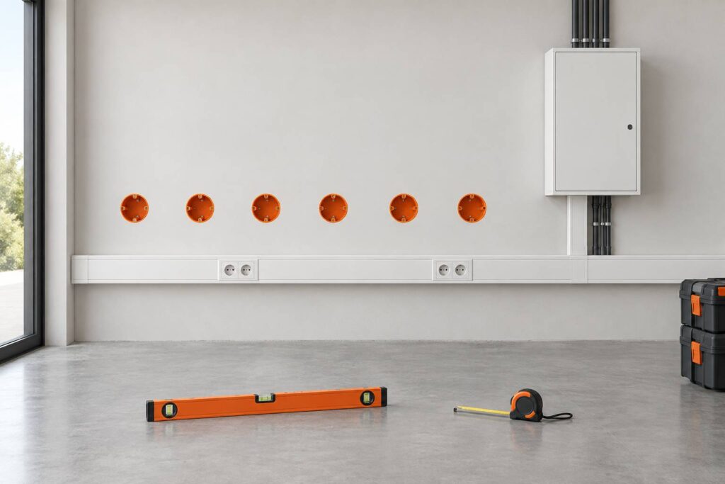 Mur en cours d'équipement électrique avec boîtes alignées et mètre