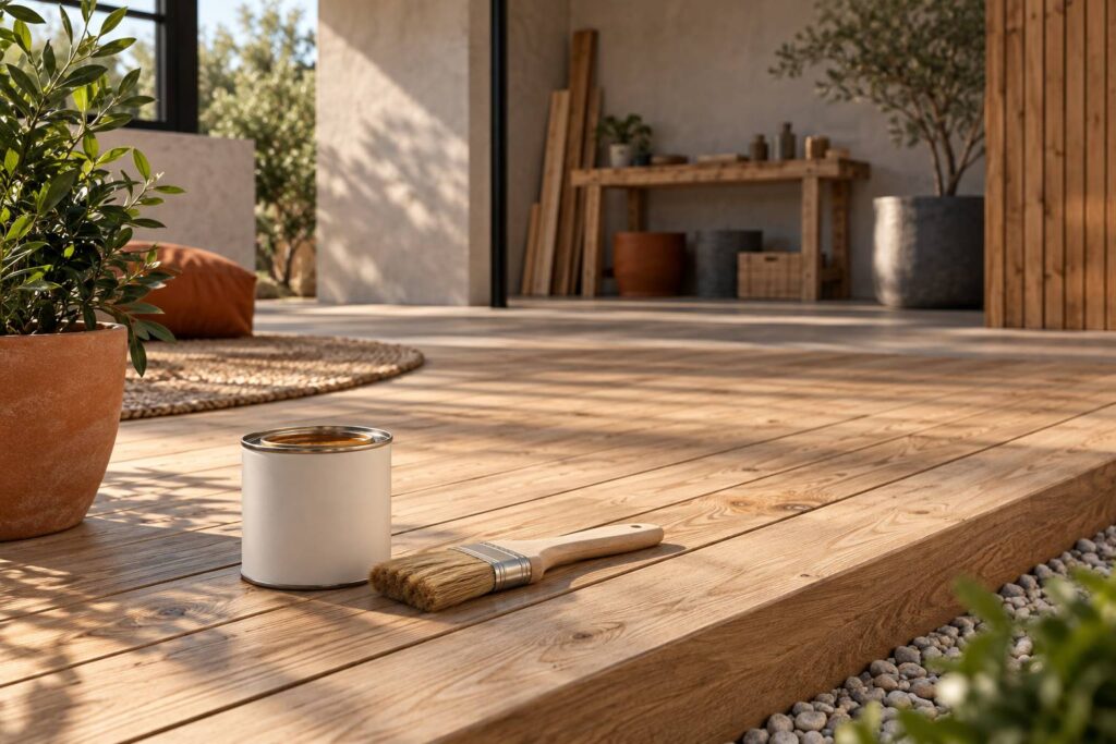 Terrasse en bois clair huilee avec pot de produit et pinceau