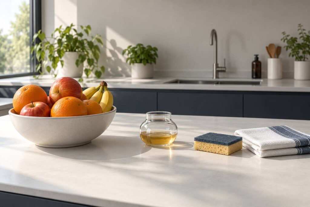 Corbeille de fruits murs et piege a moucherons dans une cuisine propre