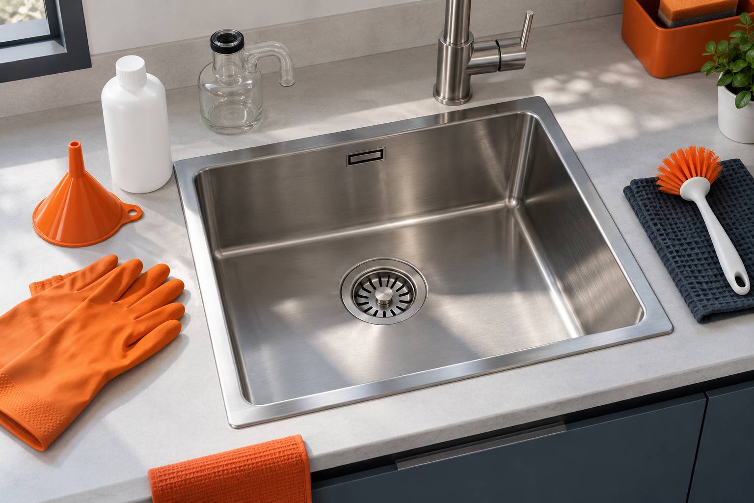 Evier de cuisine propre avec grille d'evacuation et flacon neutre