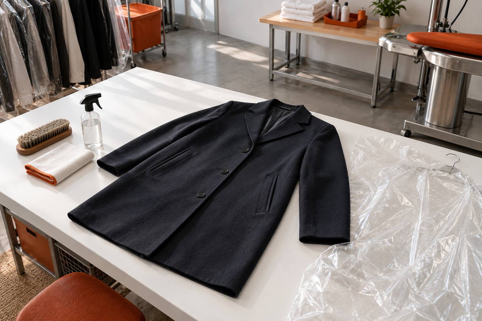 Vetement etale sur une table de pressing avec brosse et flacon de detachant
