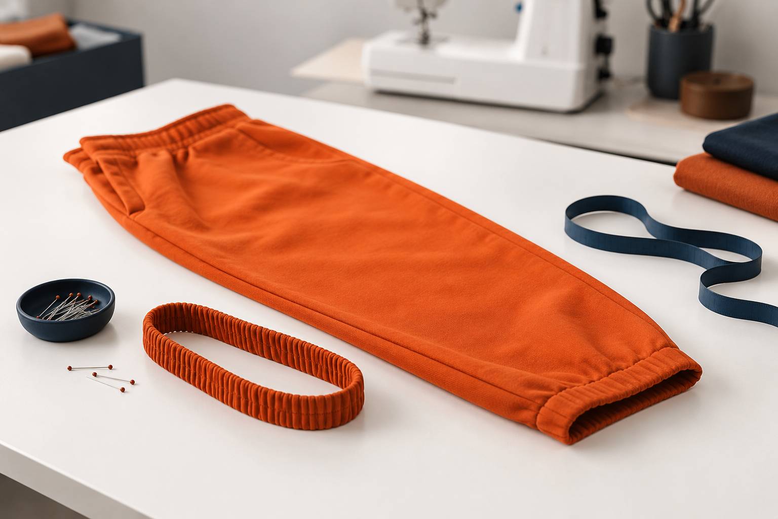 Bas de pantalon générique préparé avec élastique, épingles et mètre ruban