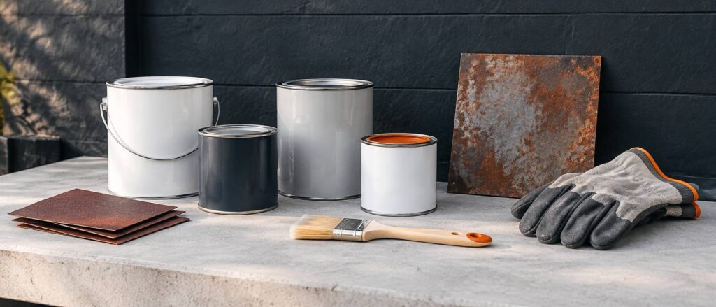 Pots de peinture sans étiquette, pinceau et plaque de métal rouillé sur un établi